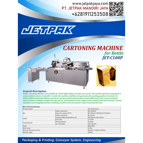 CARTONING MACHINE FOR BOTTLE (JET-C100P) - Mesin Cartoning/Mesin Pengemas Otomatis