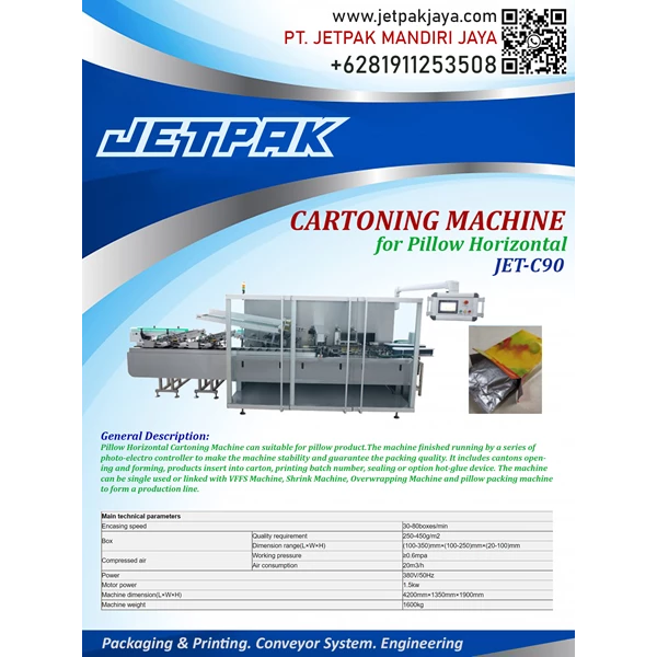 CARTONING MACHINE FOR PILLOW HORIZONTAL (JET-C90) - Mesin Cartoning/Mesin Pengemas Otomatis