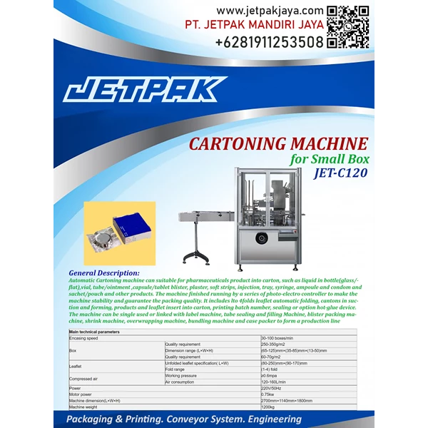 CARTONING MACHINE FOR SMALL BOX (JET-C120) - Mesin Cartoning/Mesin Pengemas Otomatis
